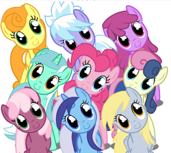 Size: 448x400 | Tagged: safe, artist:moonwhisperderpy, imported from derpibooru, berry punch, berryshine, bon bon, carrot top, cheerilee, cloudchaser, derpy hooves, golden harvest, lyra heartstrings, minuette, pinkie pie, sweetie drops, earth pony, pegasus, pony, unicorn, creepy, double rainboom puppet, female, looking at you, mare, simple background, smiling, white background