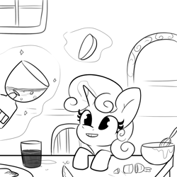 Size: 2250x2250 | Tagged: safe, artist:tjpones, imported from derpibooru, sweetie belle, pony, unicorn, black and white, blender (object), bowl, carrot, cute, diasweetes, female, filly, foal, food, glass, grayscale, grin, high res, levitation, lineart, magic, mixing bowl, monochrome, smiling, solo, telekinesis, this will end in tears and/or breakfast
