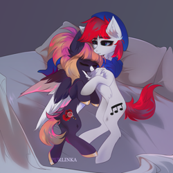 Size: 3503x3500 | Tagged: safe, artist:purlinka, imported from derpibooru, oc, oc only, oc:apex soundwave, oc:sunrise virtue, earth pony, pegasus, pony, bed, chest fluff, clothes, cuddling, duo, female, hat, male, mare, pillow, scarf, stallion