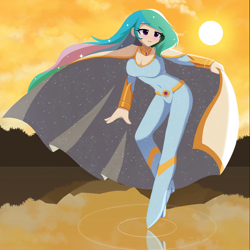 Size: 1280x1280 | Tagged: safe, artist:howxu, imported from derpibooru, princess celestia, human, breasts, busty princess celestia, cape, cleavage, clothes, commission, costume, cutie mark on clothes, humanized, jumpsuit, peytral, solo, sun