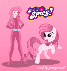 Size: 792x836 | Tagged: safe, artist:selenaede, artist:tanahgrogot, imported from derpibooru, oc, oc only, oc:annisa trihapsari, earth pony, human, pony, 2022, crossover, duo, duo female, equine, female, hasbro, heart, lipstick, logo, looking at you, makeup, mare, pink background, simple background, smiling, smiling at you, totally spies