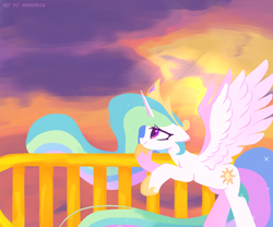 Size: 1800x1500 | Tagged: safe, artist:memengla, imported from derpibooru, princess celestia, alicorn, pony, balcony, crown, female, hoof shoes, jewelry, mare, regalia, signature, smiling, solo, spread wings, wings