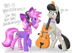 Size: 5400x4000 | Tagged: safe, artist:flutterthrash, imported from derpibooru, octavia melody, oc, oc:lillybit, earth pony, pony, absurd resolution, adorkable, bipedal, bow, bow (instrument), bowtie, cello, clothes, cute, dialogue, dork, duo, duo female, excited, female, full body, gaming headset, hair bow, headphones, headset, hoof hold, mare, musical instrument, ribbon, scarf, smiling, socks, striped socks, tail