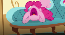Size: 750x408 | Tagged: safe, imported from derpibooru, screencap, pinkie pie, party pooped, couch, hooves on face, nose in the air, open mouth, screaming, volumetric mouth