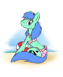 Size: 3218x3896 | Tagged: safe, artist:naivintage, imported from derpibooru, oc, oc only, oc:spearmint, earth pony, pony, beach, beach ball, bikini, blushing, clothes, crossdressing, frilled swimsuit, looking back, male, polka dot swimsuit, sitting, solo, stallion, swimsuit