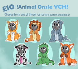 Size: 5000x4428 | Tagged: safe, artist:rokosmith26, imported from derpibooru, pony, animal onesie, clothes, commission, costume, description is relevant, happy, kigurumi, looking up, onesie, open mouth, simple background, sitting, smiling, solo, text, your character here