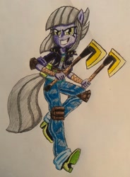 Size: 2146x2910 | Tagged: safe, artist:bozzerkazooers, imported from derpibooru, limestone pie, human, equestria girls, axe, hatchet, solo, tomahawk, traditional art, weapon