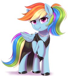 Size: 3600x4000 | Tagged: safe, artist:thebatfang, imported from derpibooru, rainbow dash, pegasus, pony, alternate hairstyle, black dress, clothes, cute, dashabetes, dress, ear piercing, earring, female, jewelry, looking at you, mare, necklace, pearl necklace, piercing, ponytail, rainbow dash always dresses in style, shoes, simple background, smiling, solo, white background