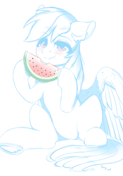 Size: 2800x4000 | Tagged: safe, artist:rise_of_evil_69, imported from derpibooru, rainbow dash, pony, belly, blushing, cute, dashabetes, eating, female, food, herbivore, high res, looking at you, mare, raised hoof, simple background, sitting, sketch, smiling, smiling at you, solo, spread wings, watermelon, wings