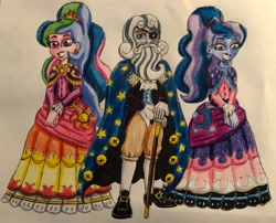 Size: 3395x2742 | Tagged: safe, artist:bozzerkazooers, imported from derpibooru, princess celestia, princess luna, star swirl the bearded, human, equestria girls, cane, clothes, dress, female, male, principal celestia, traditional art, trio, vice principal luna