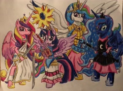 Size: 3708x2739 | Tagged: safe, artist:bozzerkazooers, imported from derpibooru, princess cadance, princess celestia, princess luna, twilight sparkle, alicorn, anthro, book, furry, sword, traditional art, twilight sparkle (alicorn), weapon