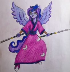 Size: 2224x2270 | Tagged: safe, artist:bozzerkazooers, imported from derpibooru, princess luna, human, equestria girls, ninja, solo, sword, traditional art, vice principal luna, weapon