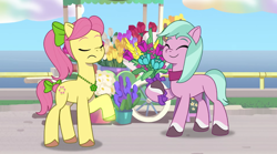 Size: 3500x1949 | Tagged: safe, imported from derpibooru, screencap, earth pony, pony, spoiler:g5, spoiler:my little pony: tell your tale, spoiler:tyts01e16, adordahlia, cute, dahlia, diahlia, duo, eyes closed, female, g5, mare, my little pony: tell your tale, neighfever, posey bloom, smiling