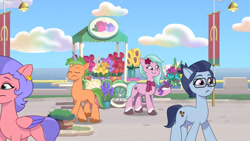 Size: 3410x1920 | Tagged: safe, imported from derpibooru, screencap, earth pony, pegasus, pony, unicorn, spoiler:g5, spoiler:my little pony: tell your tale, spoiler:tyts01e16, cherry flyaway, dahlia, eyes closed, female, flower, frown, g5, glasses, high res, male, mare, my little pony: tell your tale, neighfever, smiling, stallion, youtube link