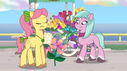 Size: 3410x1920 | Tagged: safe, imported from derpibooru, screencap, earth pony, pony, spoiler:g5, spoiler:my little pony: tell your tale, spoiler:tyts01e16, dahlia, duo, earth pony magic, eyes closed, female, flower, frown, g5, high res, magic, mare, my little pony: tell your tale, neighfever, posey bloom, youtube link