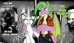 Size: 1250x725 | Tagged: safe, artist:jamescorck, imported from derpibooru, spike, oc, oc:movie slate, anthro, dragon, pony, unicorn, older, winged spike, wings