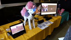 Size: 1920x1080 | Tagged: safe, imported from derpibooru, pinkie pie, sweetie belle, twilight sparkle, earth pony, human, pony, robot, robot pony, 3d print, animated, computer, glowing, glowing eyes, glowing horn, goggles, horn, irl, irl human, laptop computer, open mouth, photo, plushie, proto3, safety goggles, sound, sound effects, sweetie bot, sweetie bot project, technology, webm