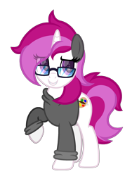 Size: 1800x2400 | Tagged: safe, artist:ponkus, imported from derpibooru, oc, oc only, oc:skylar palette, pony, unicorn, clothes, female, full body, glasses, grin, high res, hoodie, horn, mare, raised hoof, show accurate, simple background, smiling, solo, standing, tail, transparent background, two toned mane, two toned tail, unicorn oc