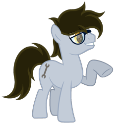 Size: 1200x1200 | Tagged: safe, artist:ponkus, imported from derpibooru, oc, oc only, oc:wrench turner, earth pony, pony, earth pony oc, full body, glasses, grin, hooves, male, raised hoof, show accurate, simple background, smiling, solo, stallion, standing, tail, transparent background