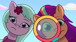 Size: 3500x1954 | Tagged: safe, imported from derpibooru, screencap, sunny starscout, earth pony, pony, spoiler:g5, spoiler:my little pony: tell your tale, spoiler:tyts01e16, dahlia, duo, female, g5, high res, magnifying glass, mare, my little pony: tell your tale, neighfever, reaction image, youtube link