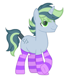 Size: 1600x1800 | Tagged: safe, artist:ponkus, imported from derpibooru, oc, oc only, oc:poage, pony, unicorn, clothes, eyebrows, eyebrows visible through hair, full body, horn, lidded eyes, male, show accurate, simple background, smiling, socks, solo, stallion, standing, striped socks, tail, tail wrap, transparent background, two toned mane, two toned tail, unicorn oc