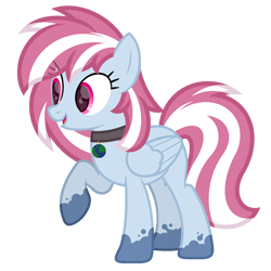 Size: 1600x1600 | Tagged: safe, artist:ponkus, imported from derpibooru, oc, oc only, oc:evening skies, pegasus, pony, coat markings, collar, female, folded wings, full body, hooves, mare, open mouth, open smile, pegasus oc, raised hoof, show accurate, simple background, smiling, solo, standing, tail, transparent background, two toned mane, two toned tail, wings