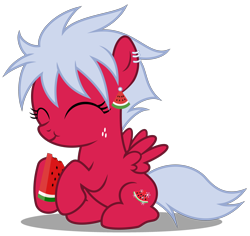 Size: 3570x3370 | Tagged: safe, artist:strategypony, imported from derpibooru, oc, oc only, oc:melon frost, pegasus, pony, :t, ^^, cute, ear piercing, eating, eyes closed, female, filly, foal, food, freckles, fruit, full body, herbivore, high res, hoof hold, hooves, pegasus oc, piercing, shadow, show accurate, simple background, sitting, smiling, solo, spread wings, tail, transparent background, watermelon, wings