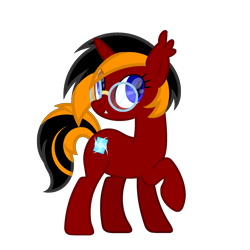 Size: 2000x2000 | Tagged: safe, artist:ponkus, imported from derpibooru, oc, oc only, oc:red flame, bat pony, bat pony unicorn, hybrid, pony, unicorn, ear fluff, ear tufts, fangs, female, full body, glasses, high res, hooves, horn, mare, raised hoof, show accurate, simple background, smiling, solo, standing, tail, transparent background, two toned mane, two toned tail