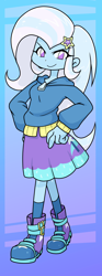 Size: 740x2000 | Tagged: safe, artist:batipin, imported from derpibooru, trixie, human, equestria girls, abstract background, boots, clothes, cute, diatrixes, eyelashes, female, hairpin, hoodie, looking at you, shoes, skirt, solo