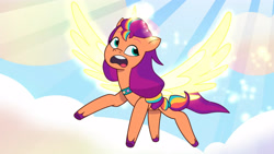 Size: 3410x1920 | Tagged: safe, imported from derpibooru, screencap, sunny starscout, alicorn, pony, spoiler:g5, spoiler:my little pony: tell your tale, spoiler:tyts01e16, artificial horn, artificial wings, augmented, female, g5, high res, horn, magic, magic horn, magic wings, mane stripe sunny, mare, my little pony: tell your tale, neighfever, open mouth, race swap, solo, spread wings, sunnycorn, wings, youtube link