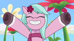 Size: 3410x1920 | Tagged: safe, imported from derpibooru, screencap, earth pony, pony, spoiler:g5, spoiler:my little pony: tell your tale, spoiler:tyts01e16, adordahlia, dahlia, eyes closed, female, flower, g5, giant flower, grin, high res, mare, my little pony: tell your tale, neighfever, smiling, solo, youtube link