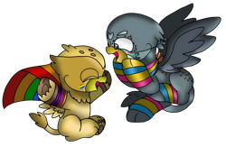 Size: 2524x1751 | Tagged: safe, alternate version, artist:beesmeliss, imported from derpibooru, gabby, grizzle, griffon, chibi, clothes, pride flag, simple background, socks, striped socks, transparent background