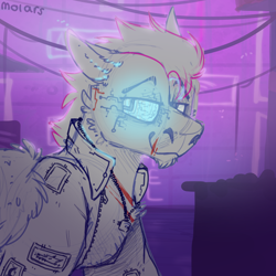 Size: 2300x2300 | Tagged: safe, artist:molars, imported from derpibooru, oc, oc only, pegasus, pony, augmented, city, clothes, cyberpunk, jacket, neon, patch, prosthetic eye, prosthetics, sketch, solo, wip