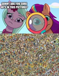 Size: 500x633 | Tagged: safe, edit, edited screencap, imported from derpibooru, screencap, sunny starscout, earth pony, human, pony, spoiler:tyts01e16, dahlia, g5, magnifying glass, my little pony: tell your tale, neighfever, where's waldo