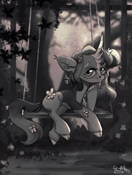 Size: 768x1024 | Tagged: safe, artist:rottengotika, imported from derpibooru, oc, oc only, pony, unicorn, flower, flower in hair, monochrome, solo, swing