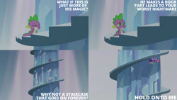 Size: 1280x720 | Tagged: safe, edit, edited screencap, editor:quoterific, imported from derpibooru, screencap, spike, twilight sparkle, dragon, pony, unicorn, season 3, the crystal empire, duo, eyes closed, female, male, mare, stairs, text, unicorn twilight, upside down