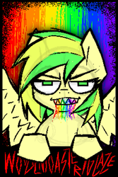 Size: 717x1071 | Tagged: safe, artist:xxv4mp_g4z3rxx, imported from derpibooru, oc, oc only, oc:wooden toaster, pegasus, green eyes, liquid rainbow, pegasus oc, rainbow background, sharp teeth, solo, teeth, text, two toned mane, yellow coat