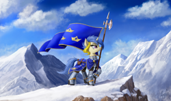 Size: 4400x2598 | Tagged: safe, artist:magfen, imported from derpibooru, oc, oc only, oc:evertrue, pony, unicorn, armor, cloud, flag, halberd, mountain, mountain range, plate armor, scenery, sky, snow, solo, weapon