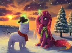 Size: 2800x2055 | Tagged: safe, artist:magfen, imported from derpibooru, oc, oc only, oc:cosima, pony, unicorn, clothes, scarf, snow, snowfall, snowpony, solo, striped scarf, tree, winter