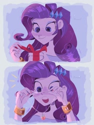 Size: 1536x2048 | Tagged: safe, artist:dreamz, imported from derpibooru, rarity, human, equestria girls, box, bracelet, clothes, cute, eyeshadow, female, implied lesbian, implied rarijack, implied shipping, jewelry, makeup, necklace, open mouth, present, raribetes, shirt, solo