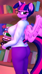 Size: 2160x3840 | Tagged: safe, artist:silkworm205, imported from derpibooru, part of a set, sci-twi, twilight sparkle, alicorn, anthro, art pack:pin-up paradise 2022, 3d, alternate hairstyle, ass, bedroom eyes, book, bookhorse, bookshelf, breasts, busty twilight sparkle, butt, carrying, clothes, dock, female, glasses, golden oaks library, high res, implied tail hole, librarian, library, looking at you, looking back, necktie, pants, pinup, revamped anthros, sci-twibutt, shirt, side view, solo, source filmmaker, tail, twilight sparkle (alicorn)