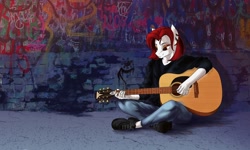 Size: 2560x1536 | Tagged: safe, artist:hilloty, imported from derpibooru, oc, oc only, anthro, plantigrade anthro, commission, ear piercing, earring, female, graffiti, guitar, jewelry, musical instrument, piercing, sitting, solo