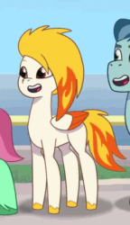 Size: 318x553 | Tagged: safe, imported from derpibooru, screencap, earth pony, pegasus, pony, spoiler:g5, spoiler:my little pony: tell your tale, spoiler:tyts01e16, cropped, female, fire, fire hair, flare (g5), g5, gif, mare, my little pony: tell your tale, neighfever, non-animated gif, rufus, stallion