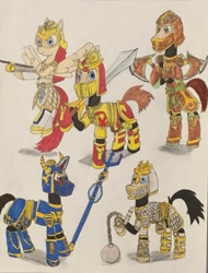 Size: 1277x1677 | Tagged: safe, artist:martialarts2003, imported from derpibooru, armor, armored pony, axe, crossbow, helmet, knight, mace, mysticknightsoftirnanog, standing, sword, traditional art, trident, weapon