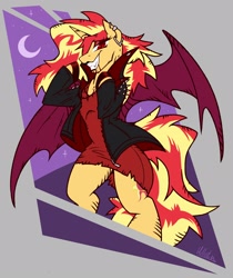 Size: 1812x2160 | Tagged: safe, artist:hilloty, imported from derpibooru, sunset shimmer, pony, undead, unicorn, vampire, equestria girls, bat wings, clothes, dress, ear piercing, earring, jacket, jewelry, piercing, solo, wings