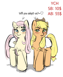 Size: 2490x3022 | Tagged: safe, artist:vaiola, imported from derpibooru, applejack, fluttershy, earth pony, pegasus, pony, accessory, advertisement, applejack's hat, auction, big eyes, blushing, chest fluff, commission, cowboy hat, cute, diaper, diaper fetish, duo, eyebrows, female, fetish, full body, happy, hat, looking at you, love, mare, non-baby in diaper, poofy diaper, shy, simple background, tail, white background, ych example, your character here