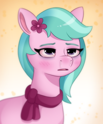 Size: 628x760 | Tagged: safe, artist:malarkey, imported from derpibooru, earth pony, pony, spoiler:g5, spoiler:my little pony: tell your tale, spoiler:tyts01e16, allergies, dahlia, female, flower, flower in hair, g5, mare, my little pony: tell your tale, neighfever, runny nose, snot, solo