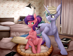 Size: 6000x4600 | Tagged: safe, artist:vendigo, imported from derpibooru, oc, oc only, earth pony, human, pony, unicorn, absurd file size, absurd resolution, bed, bedroom, book, curtains, cushion, cyrillic, duo, earth pony oc, horn, lamp, looking at each other, pillow, russian, sailor moon, sitting, smiling, smiling at each other, unicorn oc