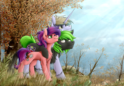 Size: 3378x2362 | Tagged: safe, artist:vendigo, imported from derpibooru, oc, oc only, earth pony, pony, unicorn, chest fluff, confident, detailed background, earth pony oc, horn, house, scenery, smiling, tree, trio, unicorn oc