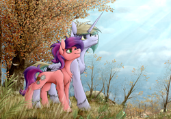 Size: 3378x2362 | Tagged: safe, artist:vendigo, imported from derpibooru, oc, oc only, earth pony, pony, unicorn, chest fluff, confident, detailed background, duo, earth pony oc, horn, house, scenery, smiling, tree, unicorn oc